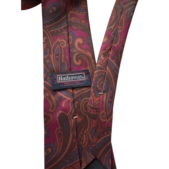 Hathaway Silk Paisley Tie Burgundy Navy Made In USA - Picture 3 of 4